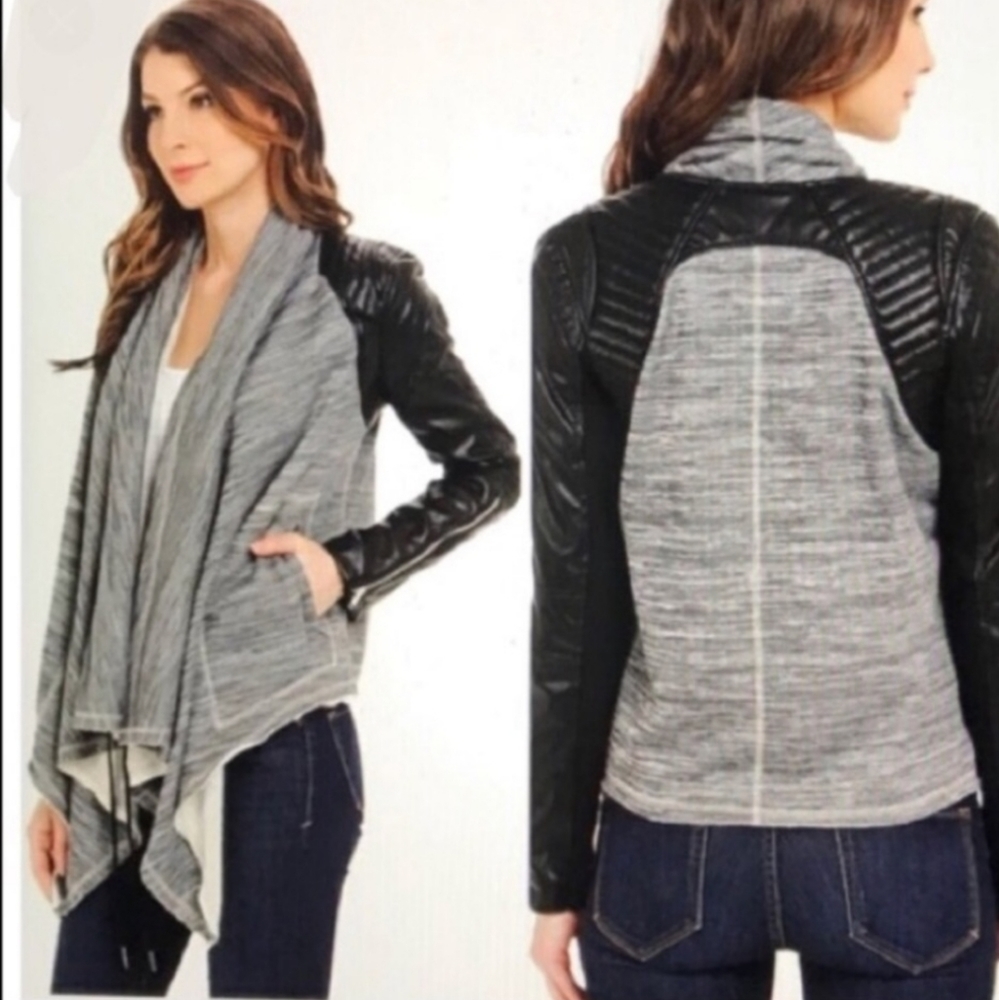 Blank NYC gray black cardigan faux leather Small
